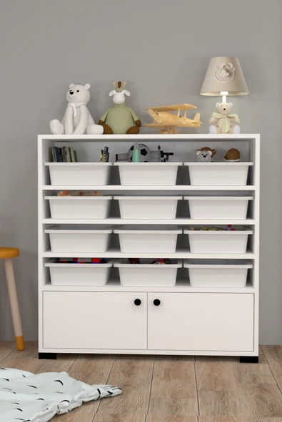 Rüya No.6 On İki Sepetli Modern Kullanışlı Oyuncak Dolabı Beyaz-Beyaz ürün görseli 1