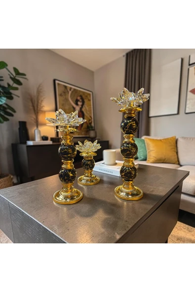 Sleep Nova Lotus Kristal Dekoratif Şamdan Mumluk Gold Siyah Mermer Görünümlü Salon Masa Dekoru ürün görseli 1