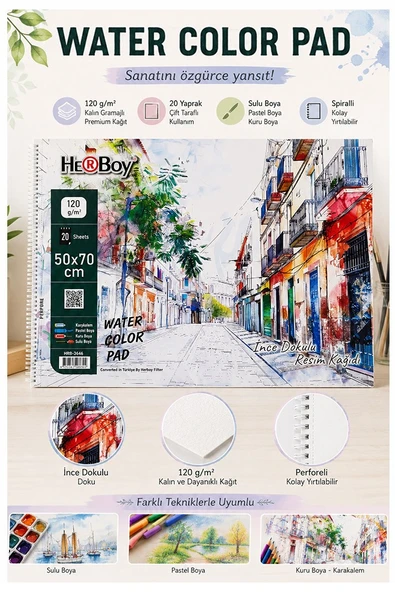 Resim Defteri 50x70 cm 1 Adet Herboy 120 gr Sulu Boya Eskiz Defteri Karakalem Çizim 20 Sayfa Dokulu Kağıt ürün görseli 1