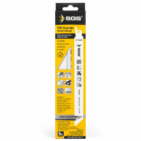 SGS S1122HF Tilki Kuyruğu Testere Bıçağı 225 mm Bi-Metal 5’li Metal Kesim Bıçağı ürün görseli 1