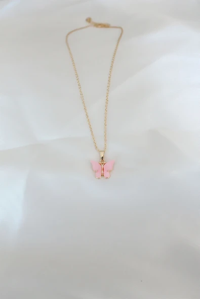Gold Kaplama Pembe Sedefli Kelebek Kolye ürün görseli 1