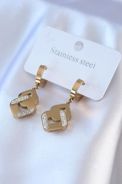 316L Çelik Gold Renk Zirkon Taşlı Kadın Küpe ürün görseli 1