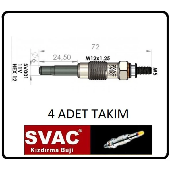 Kızdırma Bujisi 11V Ibiza Baleno Samurai Vitara 1.d -SV001 4 Ad. Takım Oem No: 46072001 ürün görseli 1