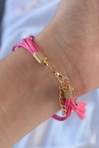 Pembe Zirkon Taşlı İpli Püskül Detay Çoklu Bileklik ürün görseli 1