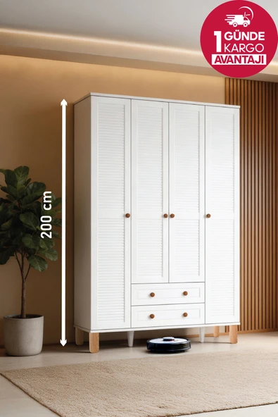 Kilim Mobilya Country Life Dört Kapaklı Dolap (MDF kapaklı, yüksek ayaklı, iki çekmeceli , 200cm yükseklikte) ürün görseli 1