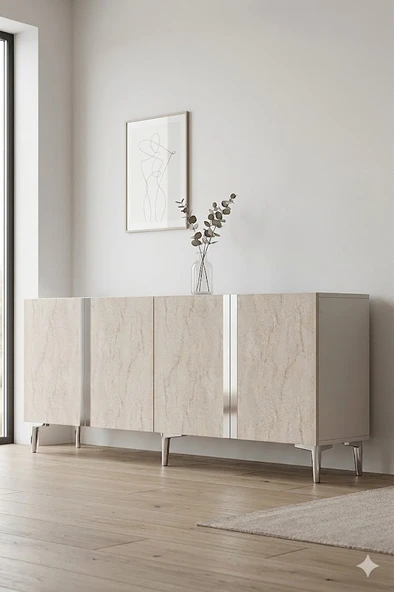 KA1898BTS ANKA Konsol ve Tv Sehpası Beyaz-Traverten-Silver 180cm ürün görseli 1