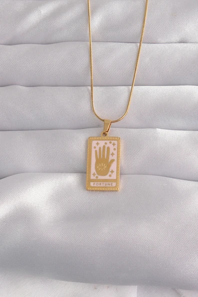 316L Çelik Gold Renk Pembe Mineli El Figür Tarot Kolye ürün görseli 1