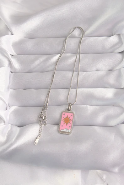 316L Çelik Gümüş Renk Pembe Mineli Güneş Model Tarot Kolye ürün görseli 1