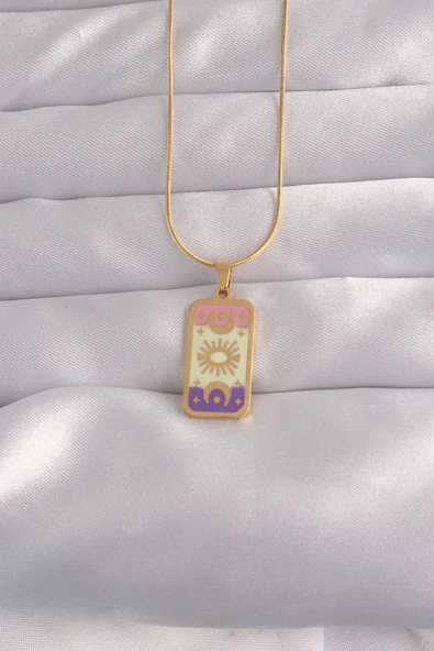 316L Çelik Gold Renk Karışık Mineli Ay Figür Tarot Kolye ürün görseli 1