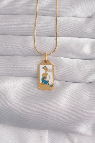 316L Çelik Gold Renk Beyaz Mineli Kız Figür Tarot Kolye ürün görseli 1