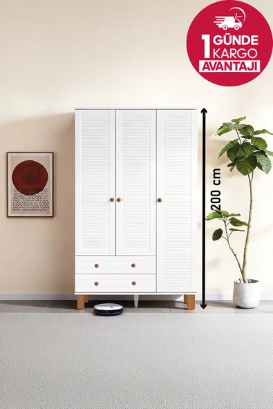 Kilim Mobilya Country Life Üç Kapaklı Dolap (MDF kapaklı, yüksek ayaklı, iki çekmeceli , 200cm yükseklikte) ürün görseli 1