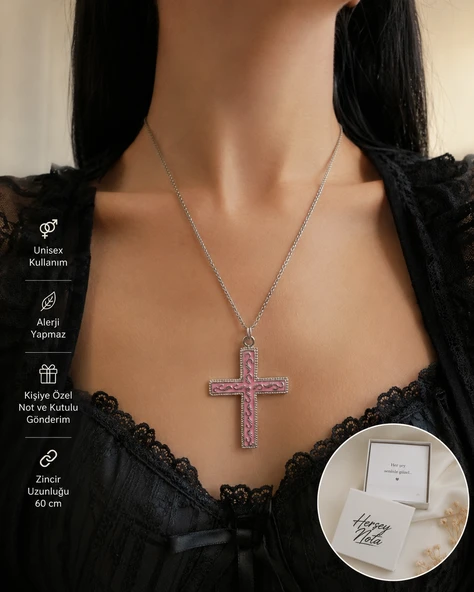 Pembe Gotik Haç Kolye – Unisex Vintage Stil Zincir Kolye 60 CM ürün görseli 1