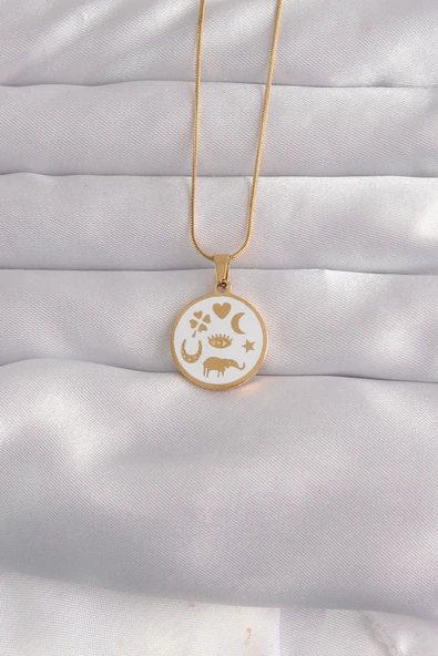 316L Çelik Gold Renk Beyaz Mineli Karışık Figürlü Tarot Kolye ürün görseli 1