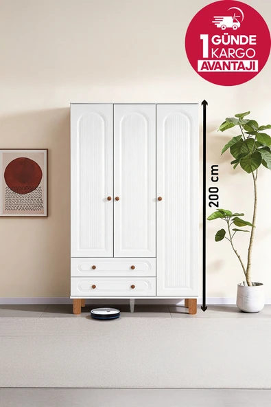Kilim Mobilya Bohera Bohem Üç Kapaklı Dolap (MDF kapaklı, yüksek ayaklı, iki çekmeceli , 200cm yükseklikte) ürün görseli 1