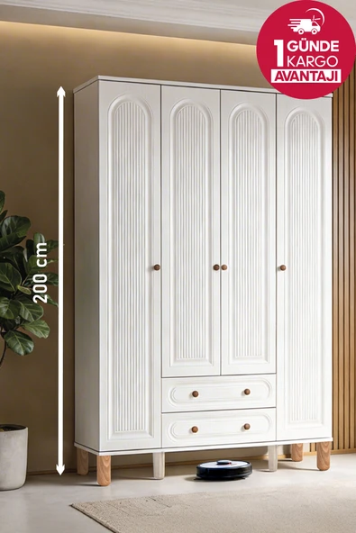 Kilim Mobilya Bohera Bohem Dört Kapaklı Dolap (MDF kapaklı, yüksek ayaklı, iki çekmeceli , 200cm yükseklikte) ürün görseli 1
