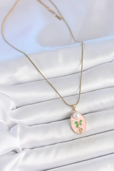 316L Çelik Gold Renk Zincir Pembe Mineli Oval İncili Çiçek İşlemeli Portre Model Kadın Kolye ürün görseli 1