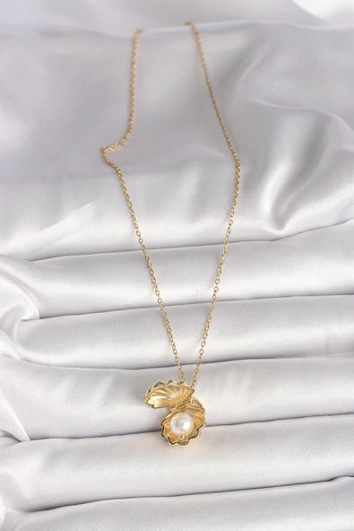 316L Çelik Gold Renk Zincir Açılır İncili Midye Model Kadın Kolye ürün görseli 1