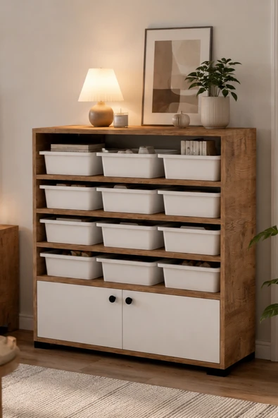 Rüya No.6 On İki Sepetli Modern Kullanışlı Çok Amaçlı Dolap Atlantik-Beyaz ürün görseli 1