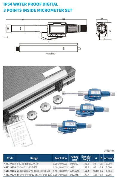 Dasqua 20-50mm Dijital 3 Ayaklı İç Çap Mikrometre Seti IP54  0.001mm 4511-9215 ürün görseli 1