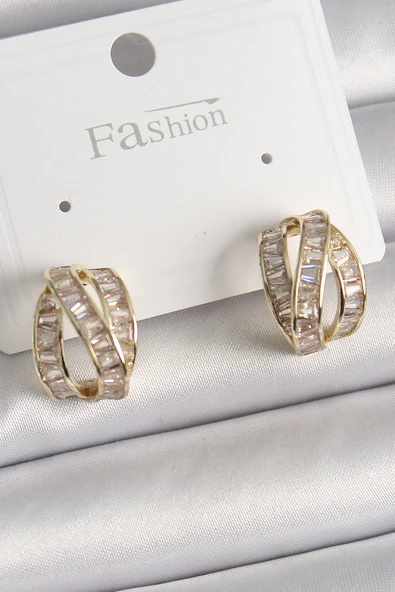 Pirinç Gold Renk Zirkon Taşlı Düğüm Halka Model Kadın Küpe ürün görseli 1