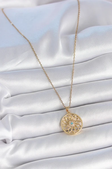 316L Çelik Gold Renk Zincr Mavi Taşlı Lotus Model Kadın Kolye ürün görseli 1