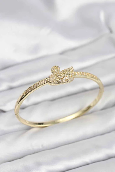 Pirinç Gold Renk Zirkon Taşlı Kuğu Model Kadın Kelepçe Bileklik ürün görseli 1