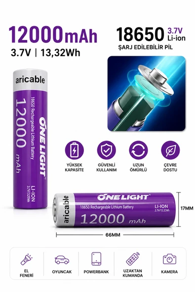 18650 Şarjlı Li-ion Pil 3.7V 12000mAh Yazılı 39 Gram Güçlü Batarya ürün görseli 1