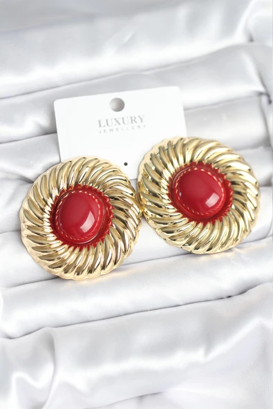 Pirinç Gold Renk Bordo Boncuklu Vintage Kadın Küpe ürün görseli 1