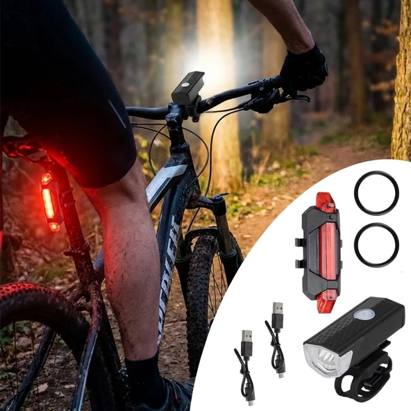Bisiklet Işık Seti – USB Şarjlı LED Ön Far + Arka Stop Lambası, Su Geçirmez Bisiklet Aydınlatma Seti ürün görseli 1