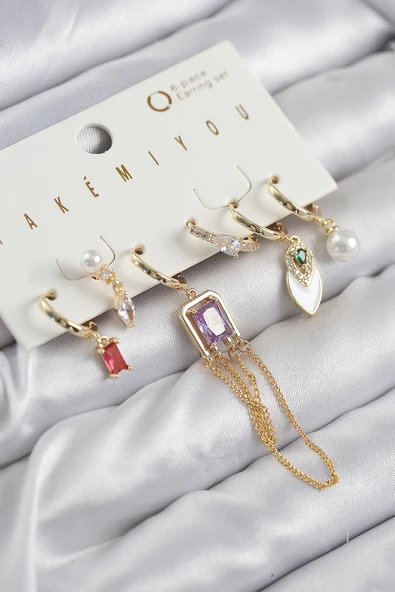 Pirinç Zirkon Taşlı Sallantılı Ve İncili Gold Renk 6'lı Küpe Set ürün görseli 1