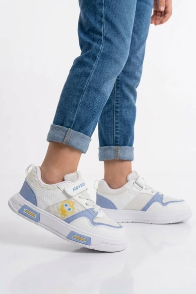Reyber Beyaz Mavi Cırtlı Fileli Hafif Unisex Çocuk Spor Ayakkabı 026 F ürün görseli 1