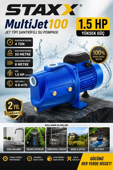 Staxx Yüksek Basınçlı Multi Jet 100 Metal Dişli Sistem Tam Bakır Sargılı 1.5 HP Büyük Su Pompası 8mt ürün görseli 1