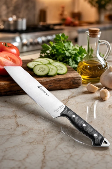 Sürmene Serisi Santoku Mutfak Şef Bıçağı Siyah Verzalit Sap Et Ekmek Sebze Salata Şef Bıçak HDS-144 ürün görseli 1