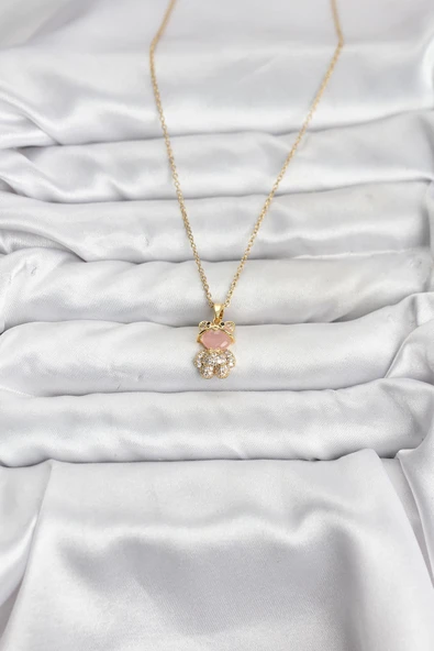 316L Çelik Zincir Gold Renk Teddy Bear Model Zirkon Taşlı Kadın Kolye ürün görseli 1