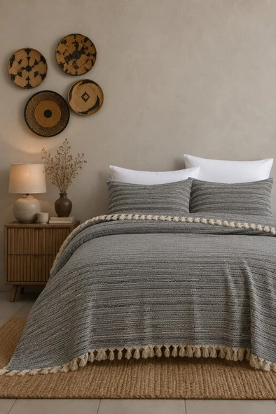 King Size Dokuma Pike Takımı 240x260 cm 2 Yastık Kılıflı Saçak Detaylı Örtü Seti ürün görseli 1