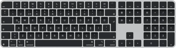 Apple Touch ID özellikli ve Sayısal Tuş Takımlı Magic Keyboard: Bluetooth, şarj edilebilir. Apple çipe sahip Mac bilgisayarlarla çalışır; Türkçe Q Klavye, Siyah tuşlar (USB-C) Teşhir ürün görseli 1