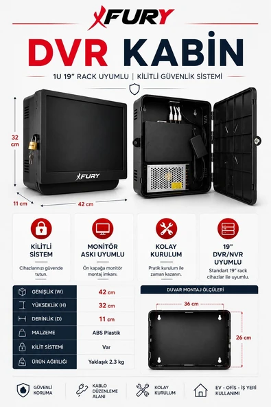 FURY Dvr/Nvr ABS Kabinet Cctv Rack  19 '' 42x32x11 cm ürün görseli 1
