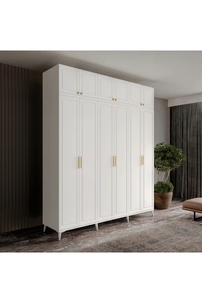 GuneyStore Ücretsiz Montaj Milas Gold 6 Kapaklı Komple MDF Ayaklı Yüklüklü Gardırop ürün görseli 1