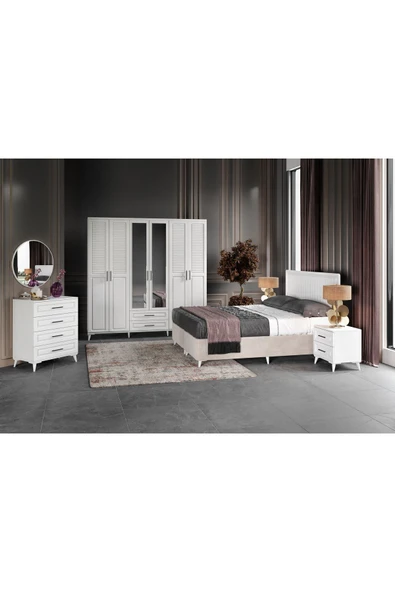 GuneyStore Ücretsiz Montaj Sanat 6 Kapaklı Komple Mdf Beyaz Yatak Odası Takımı ürün görseli 1