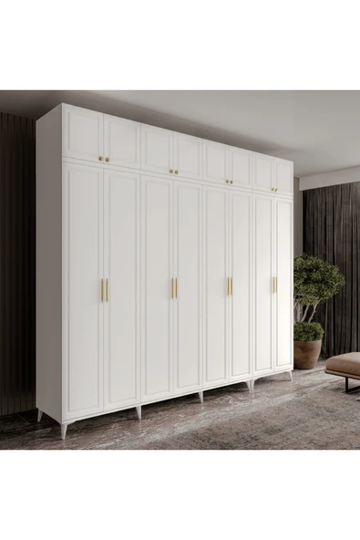 GuneyStore Ücretsiz Montaj Milas Gold 8 Kapaklı Komple MDF Ayaklı Yüklüklü Gardırop ürün görseli 1