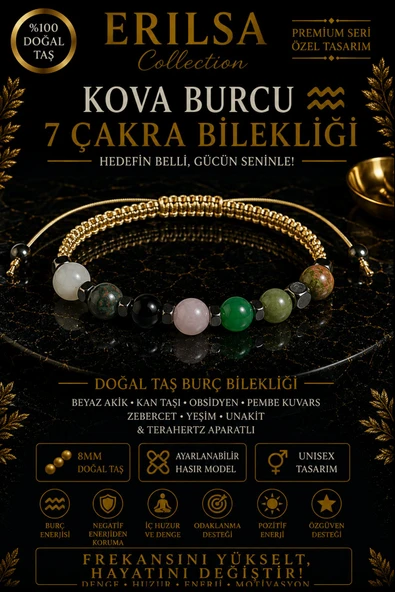 Sertifikalı Kova Burcu 7 Çakra Doğal Taş Bileklik - Ayarlamalı Unisex Lüks Hem Bileklik Hem Halhal ürün görseli 1