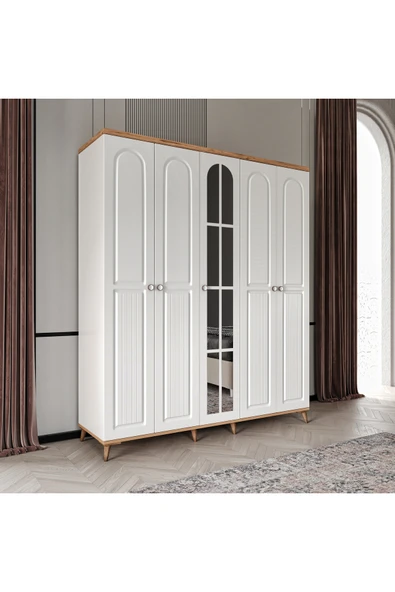 GuneyStore Ücretsiz Montaj Komple MDF Bohem 5 Kapaklı Aynalı Gardırop - Elbise Dolabı ürün görseli 1