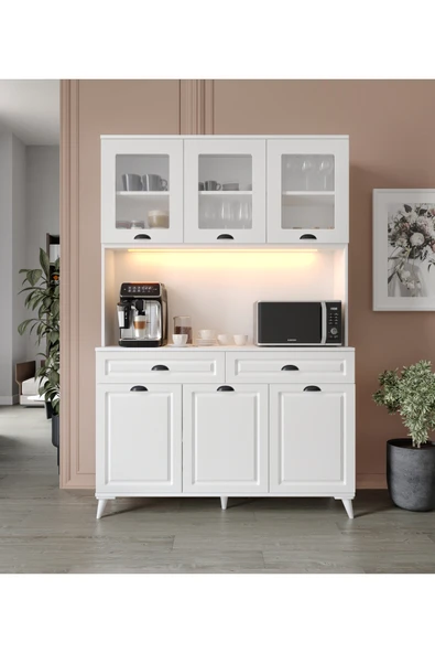GuneyStore Luna Kahve Köşesi - MDF - 140 cm - Ayaklı -Beyaz Mutfak Dolabı - LED Aydınlatmalı - Ücretsiz Montaj ürün görseli 1