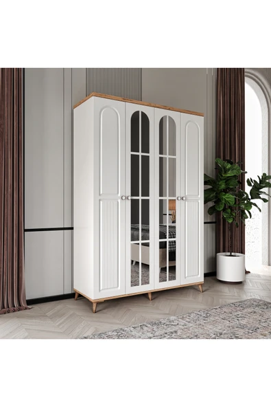 GuneyStore Ücretsiz Montaj Bohem 4 Kapaklı Aynalı Komple MDF Gardırop - Elbise Dolabı ürün görseli 1