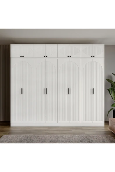 GuneyStore Ücretsiz Montaj %100 MDF Oslo 8 Kapaklı Yüklüklü Beyaz Gardırop ürün görseli 1