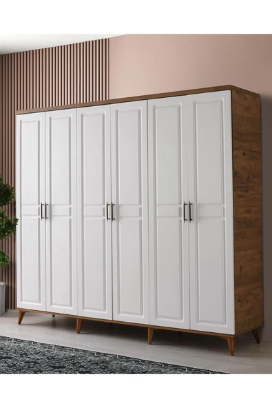 GuneyStore Ücretsiz Montaj Komple Mdf Sport 6 Kapaklı Atlantik Çam-beyaz Gardırop Elbise Dolabı ürün görseli 1