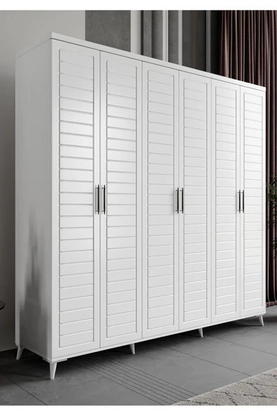 GuneyStore Ücretsiz Montaj RODOS 6 Kapaklı Komple Mdf Beyaz Gardırop ürün görseli 1