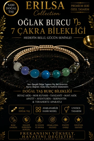 Sertifikalı Oğlak Burcu 7 Çakra Doğal Taş Bileklik - Ayarlamalı Unisex Lüks Hem Bileklik Hem Halhal ürün görseli 1