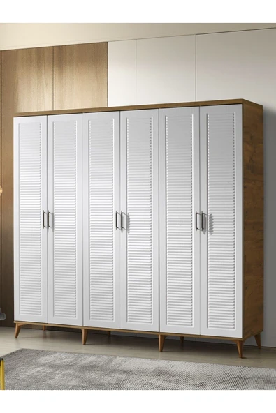 GuneyStore Ücretsiz Montaj Paris 6 Kapaklı Komple Mdf Atlantik Çam-beyaz Gardırop Elbise Dolabı ürün görseli 1