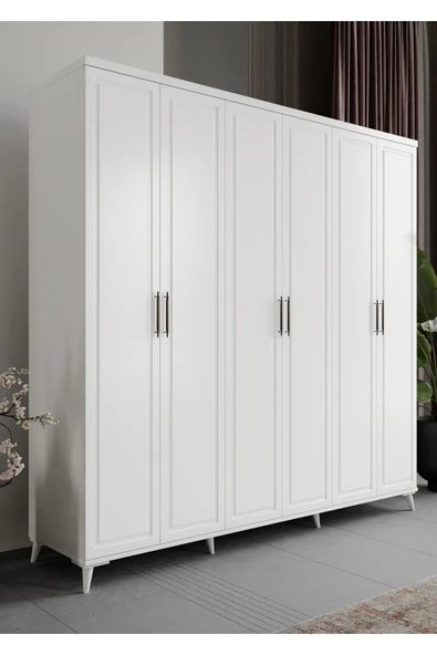 GuneyStore Ücretsiz Montaj MİLAS 6 Kapaklı Komple Mdf Beyaz Gardırop Elbise Dolabı ürün görseli 1